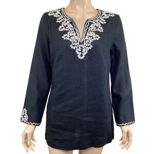 Madison Embroidered Black 100% Linen‎ Tunic Top Small Long Sleeve Black